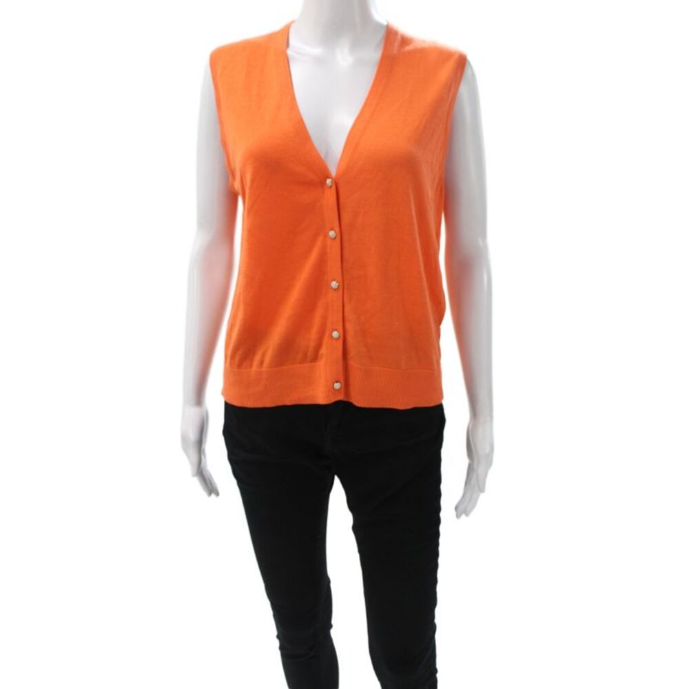 Me + Em Women Orange V Neck Sleeveless Solid Sweater Vest Size M